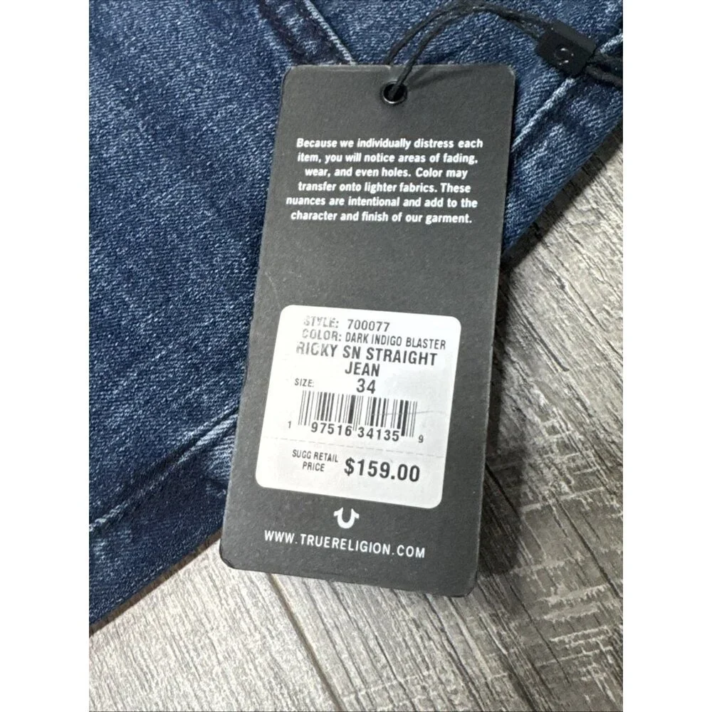 True Religion Ricky Jeans Mens 34 Blue Denim‎ Relaxed Straight Stretch $159 NEW